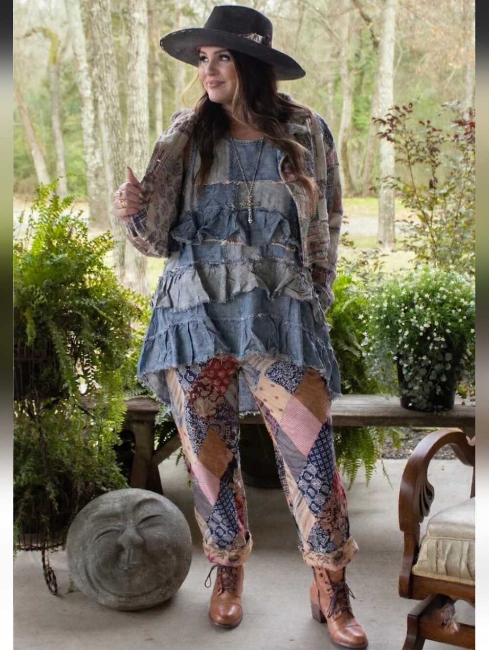 New Patchwork Skies Ruffle Tank, Jaded Gypsy Boho Tiered Ruffle Tank - Blue/Gray - Picture 2 of 3